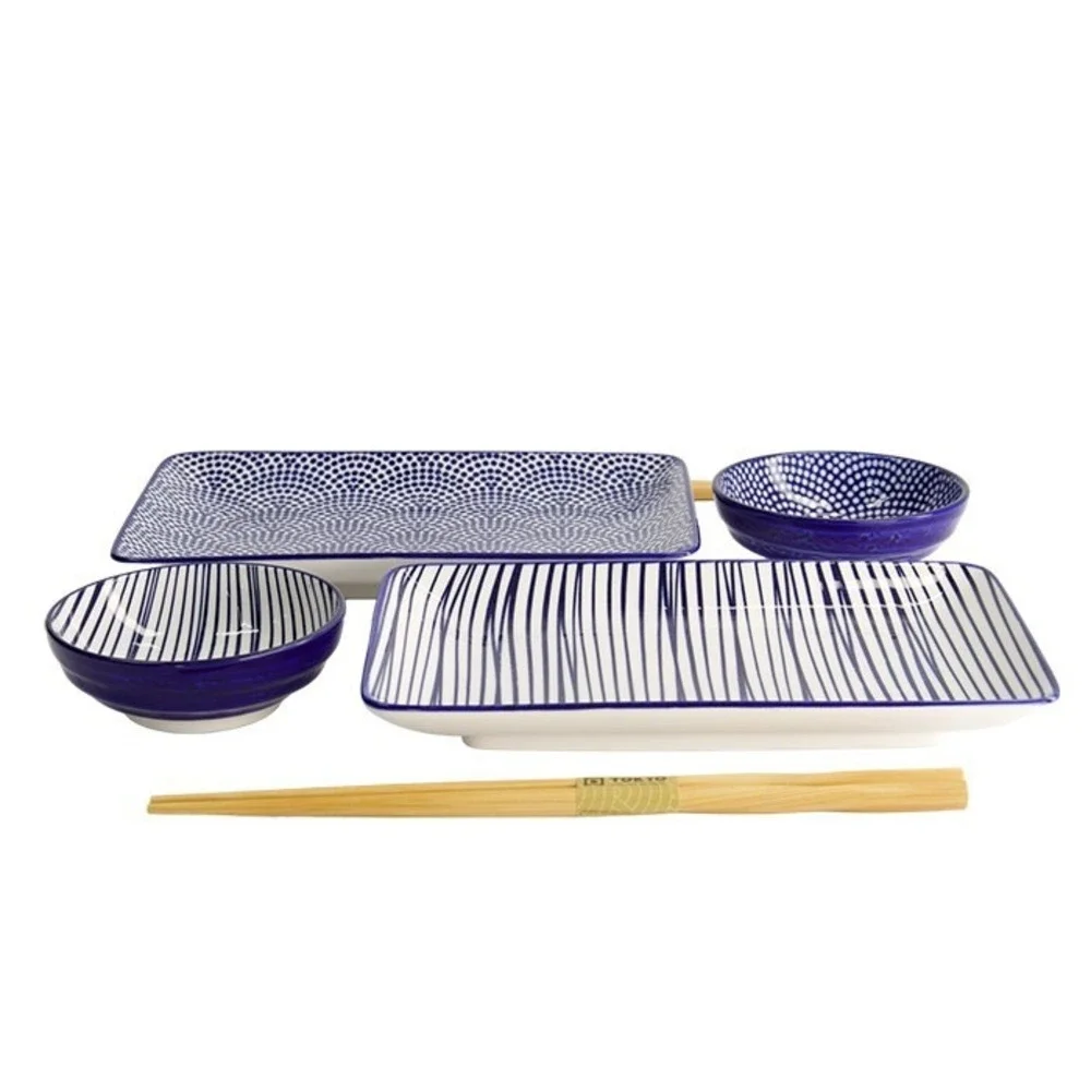 Tokyo Design Studio Sushi Set for 2 Nippon Blue Porcelain Handmade 6 Pcs Giftbox